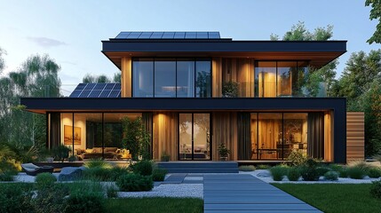 Modern house with large windows.  Illustration On The Theme Of Home And Design, Architecture And Materials.	
