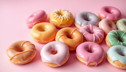 A vibrant assortment of glazed donuts in assorted colors against a pastel pink background, delicious food, high resolution