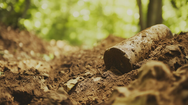 Unearthed Relics of the Past: Ancient Artifacts Partially Burged in Earth Amidst a Misty Forest Enveloped in Soft Focus and Historical Discovery Ambiance