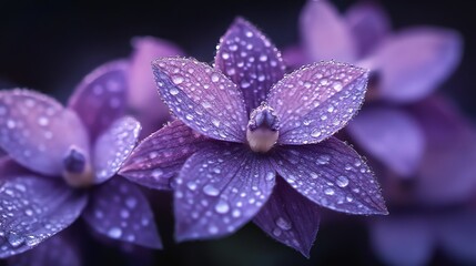 Purple Flower Blooms Covered in Water Droplets on Dark Background