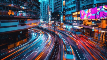 Obraz premium A dynamic cityscape at dusk, where traffic, streetlights, and pedestrians create vibrant energy.