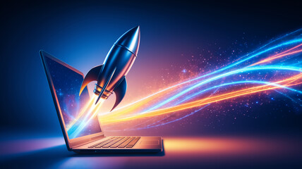 Laptop screen displays a rocket launching, symbolizing fast, innovative, and successful online business growth, perfect for tech startup or website banner