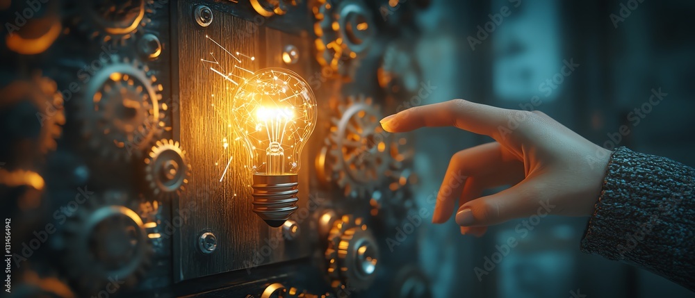 Aufkleber womans hand gently touching a glowing light bulb on a wooden block with the word ideas illuminated