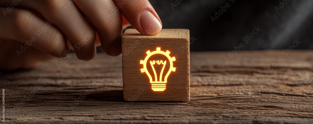 Poster womans hand gently touching a glowing light bulb on a wooden block with the word ideas illuminated