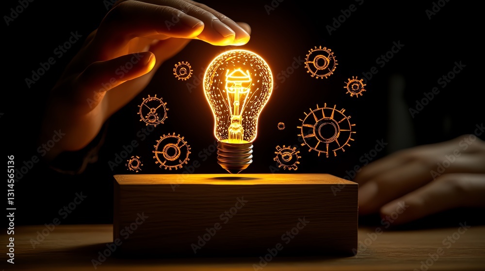 Poster womans hand hovering over a glowing light bulb on a wooden block labeled ideas