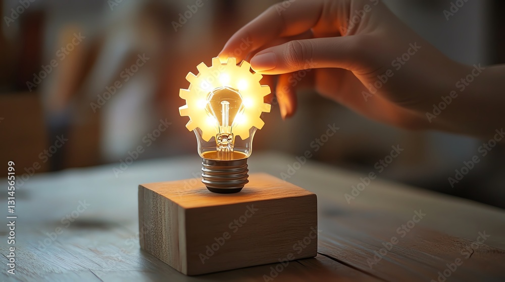 Aufkleber Womans hand hovering over a glowing light bulb on a wooden block labeled Ideas