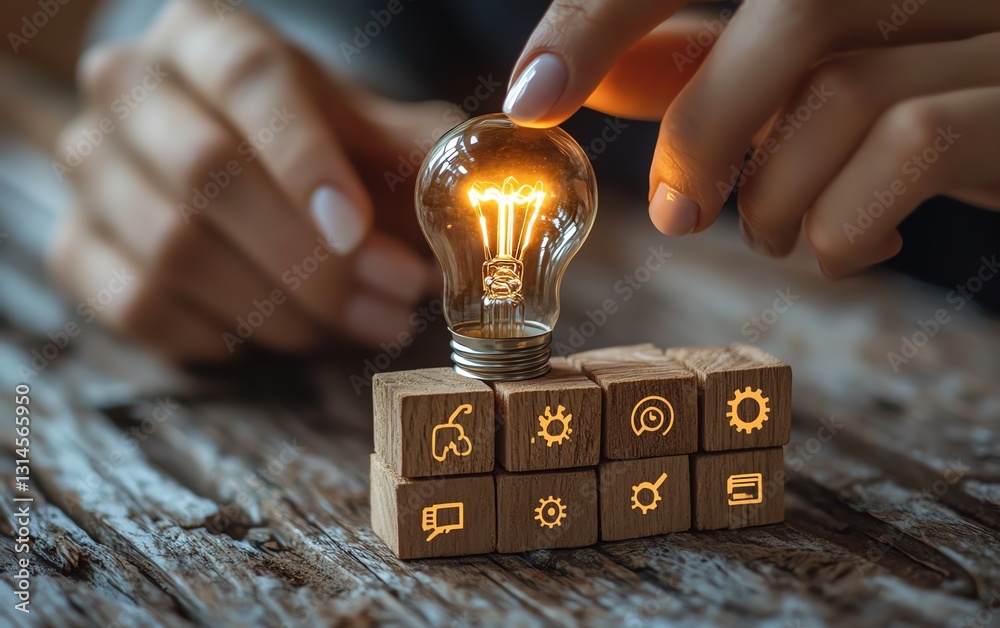 Poster closeup of a womans hand interacting with a glowing light bulb on a wooden block inscribed with idea
