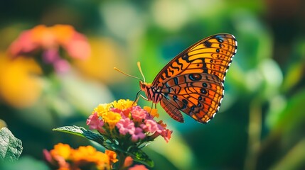 Obraz premium a close-up shot of an orange butterfly perched delicately on a colorful flower, showcasing its detailed wings and the vibrant hues of the petals
