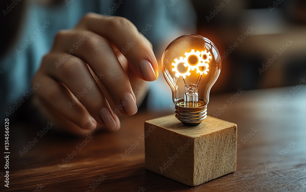 Aufkleber closeup of a womans hand interacting with a glowing light bulb on a wooden block inscribed with idea