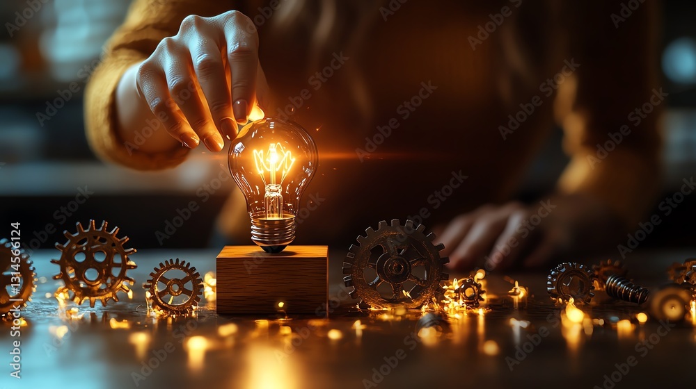 Aufkleber closeup of a womans hand activating a glowing light bulb on a wooden block with the word ideas