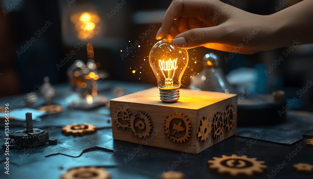 Aufkleber closeup of a womans hand interacting with a glowing light bulb on a wooden block inscribed with idea
