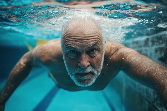 Swimming Laps. Underwater View of Senior Male Swimmer Training in Pool