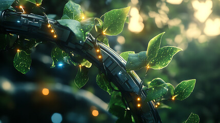 Realistic close-up animation of futuristic vines with glowing leaves wrapping around high-tech structures, absorbing and converting ambient energy into luminescent blooms 