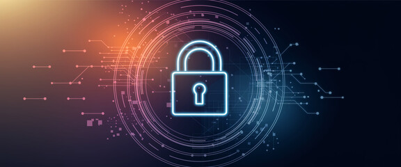 Obraz premium Glowing padlock icon on abstract digital background, concentric circles and circuit lines symbolize data security and protection, ideal for tech or cybersecurity concepts