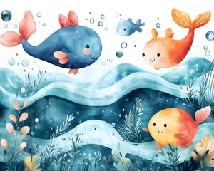 Vector seamless pattern with cute cartoon marine animals