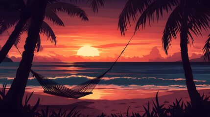 a beautiful beach scene at sunset, featuring palm trees and a hammock, conveying relaxation