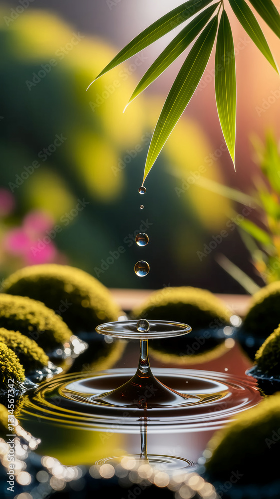 Poster Water drop falling into calm water, creating concentric ripples.  Bamboo leaf in background adds serenity.  Showcase of nature's tranquility