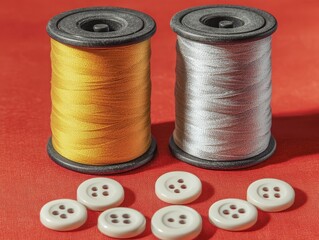 Spools of gold and silver thread with buttons on red background