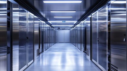 Fototapeta premium Data Center Hallway with Rows of Server Racks and Metallic Finish