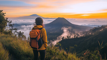Observing volcanic landscape, natural wonders, ecotourism summer travel, geological ecotourism project. 