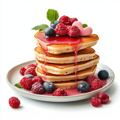 Stack of fluffy pancakes topped with fresh raspberries, blueberries, and drizzled with vibrant berry sauce, set on a white plate, evoking a delicious and inviting breakfast mood.