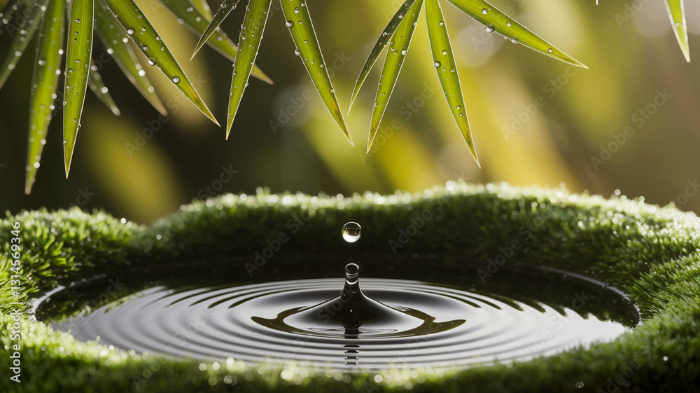 Poster water drop falling into a moss-rimmed pool, creating concentric ripples. green leaves with dew drops