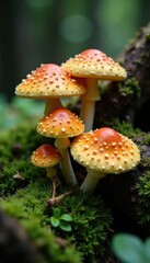 Obraz premium A bed of giant mushroom caps nestled among ferns and moss, organic, lichen