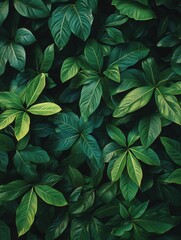 Lush green foliage displaying intricate leaf patterns and textures in a dense tropical garden setting with a dark background
