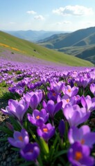 Obraz premium A bed of purple crocus flowers covering a rolling hillside, vast landscape, purple blooms, field