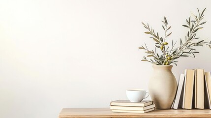 Rustic Wooden Table Display with Beige Vase Olive Branch Books and Coffee Cup Against White Wall