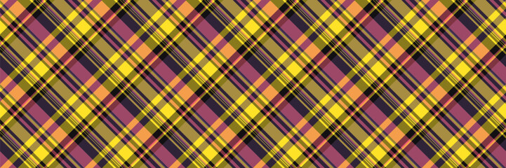 Vibrant diagonal plaid pattern in yellow, purple, orange, and olive green.  Perfect for textile design, fashion, autumnal themes, or as a background for websites and social media.