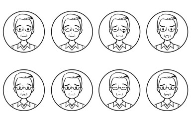 シニア・高齢男性の喜怒哀楽・様々な表情のアイコンセット　線画