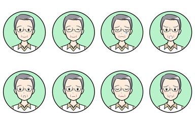 シニア・高齢男性の喜怒哀楽・様々な表情のアイコンセット　グリーン