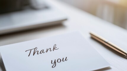 Simple Gratitude: An elegant "Thank You" note rests beside a sleek pen on a desk, illuminated by soft natural light.