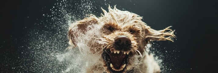 Dog shakes off water after a bath creating a hilarious grooming fiasco filled with splashes and chaos