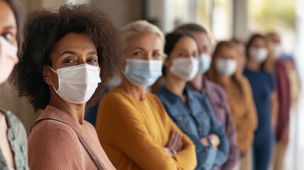Collective Caution: Group of diverse individuals wear masks in a row, embodying a sense of societal awareness during health crisis. Reflecting safety, health and community unity.
