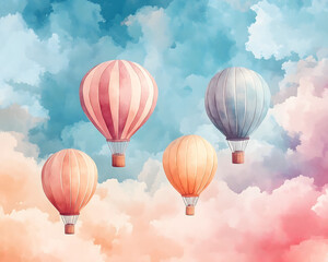 Obraz premium Colorful hot air balloons fly through a summer sky filled with fluffy clouds