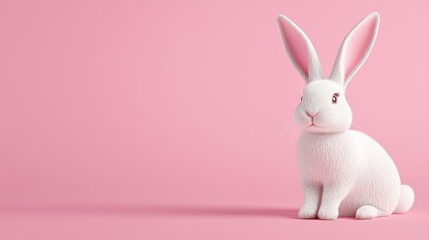 Obraz premium Cute White Rabbit with Long Ears Sitting on Pink Background