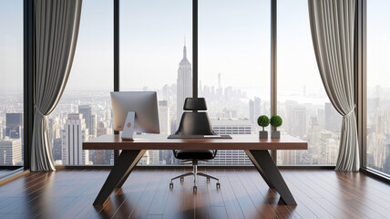 Plakat Modern office interior, showcasing a large desk with city view from panoramic windows, symbolizing success, ambition, and high-end workspace