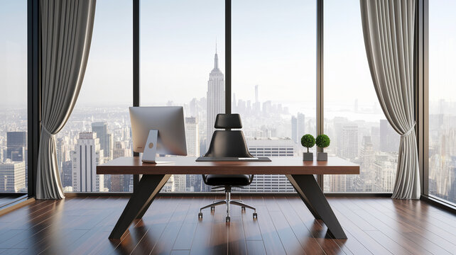 Modern office interior, showcasing a large desk with city view from panoramic windows, symbolizing success, ambition, and high-end workspace