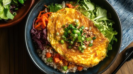 An overhead shot of a bowl of omurice, featuring a beautifully golden omelet covering a colorful mixture of rice and vegetables, with a side of salad.