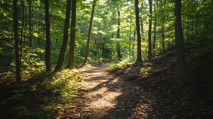 Obraz premium a serene forest path leading into the woods. The sunlight filters through the lush green leaves, casting shadows on the ground, creating a peaceful atmosphere