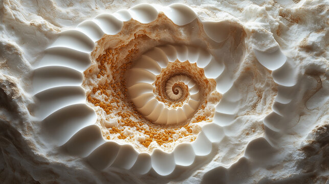 close up of spiral fossil in white rock