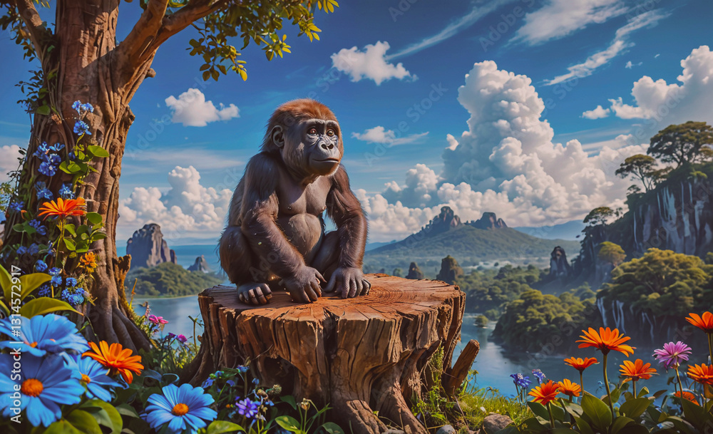 Poster baby gorilla sits on a log in a lush green forest. the sky is blue and there are clouds in the backg
