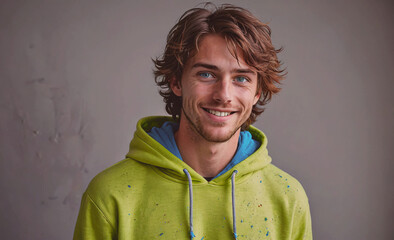 Man with a green hoodie is smiling. He has a beard and is wearing a blue and white hoodie