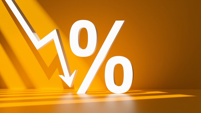 White percentage sign with downward arrow on yellow background, illustrating declining rate or discount.  Symbol of economic downturn or price reduction. Free space for text