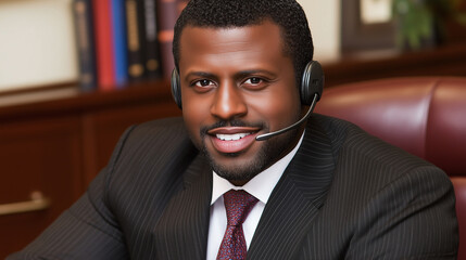 A business customer service worker wearing a headset is sitting at a desk, showing a smile, with the upper body in view in a realistic style.