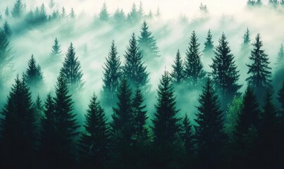 Fototapeta premium A misty forest landscape filled with tall evergreen trees, creating an enchanting and serene atmosphere.