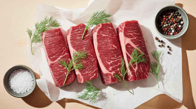 Three raw beef steaks on parchment paper, garnished with dill sprigs, alongside bowls of salt and peppercorns.  Food photography showcasing freshness and quality, ideal for recipe or culinary websites