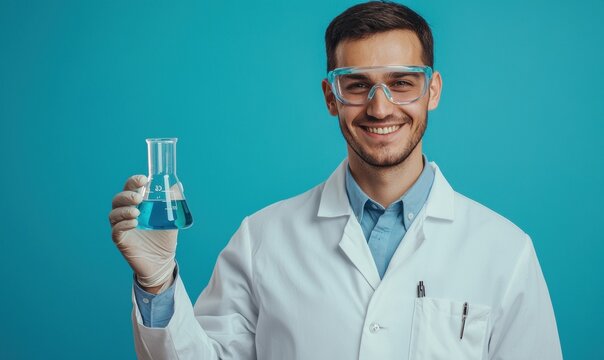 A smile male scientist in a white lab coat and safety goggles, holding a beaker with a blue liquid, standing against a neutral blue background, high-detail professional portrait